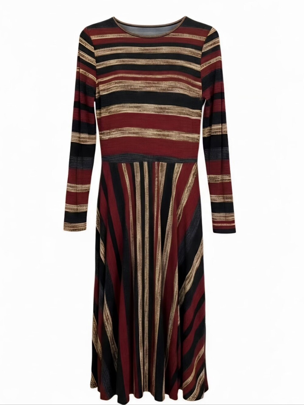 Boho Striped Long Sleeve Fit & Flare Midi Dress Autumn Earth Tones